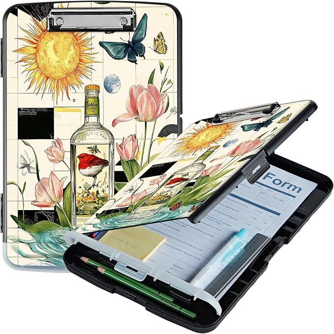 A4 Clipboard with Storage Pen Holder, Clipboards Organizer Nursing Clipboard Foldable File Folder Plastic Clipboard Folio Clip Board for Office Work Classroom Doctor, Sun Drift Bottle