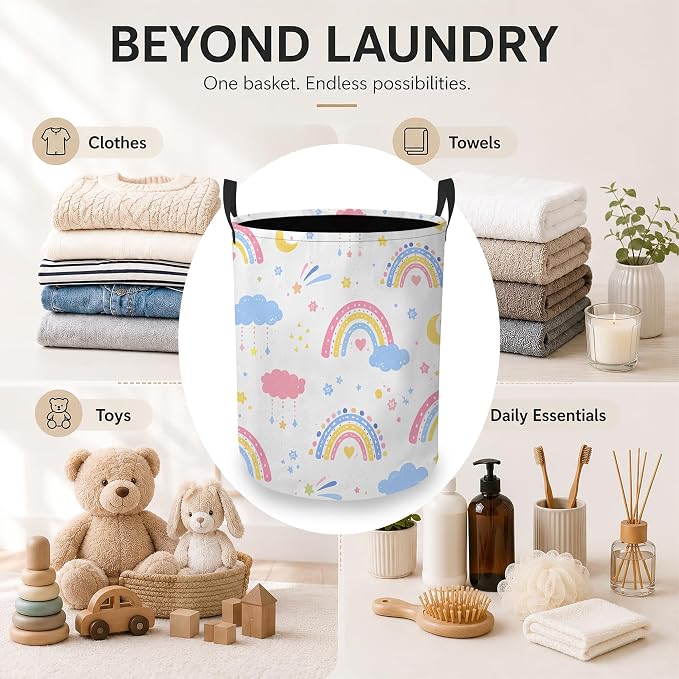 Rainbow Clouds Laundry Basket, Foldable Oxford Cloth Moon Stars Laundry Hamper with Handles, Tote Bag Clothes Storage Bucket for Laundry Room/Bathroom/Bedroom/Dormitories 20.8"x16"