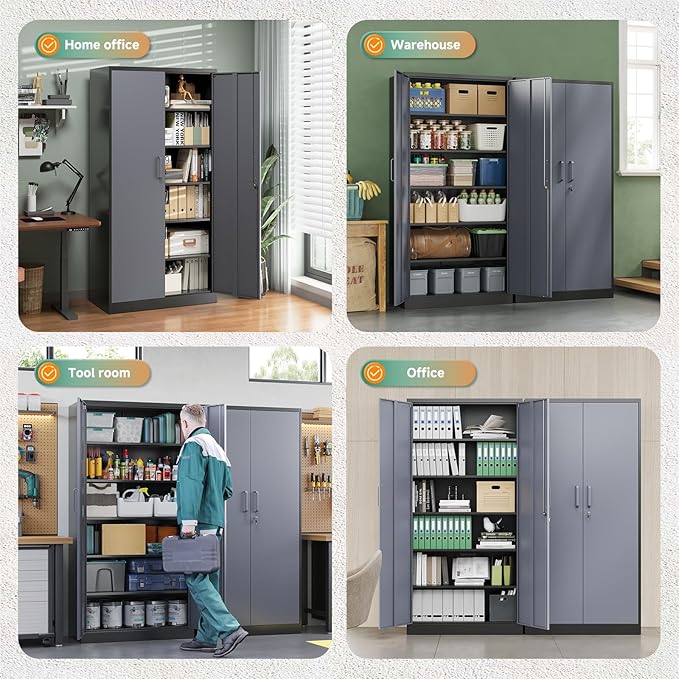 Metal Storage Cabinets with Lock Door and 5 Adjustable Shelves, Steel Garage Tool Organization Cabinets for Home,Utility Room, Warehouse,Lockers(71"-Black Gray)