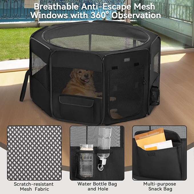PETSFIT Portable Dog Playpen 45", Removable Waterproof Mat, Zippered Roof | Jump-proof, Collapsible Storage, RV Camping Travel, Indoor Outdoor Use, Large Dogs and Cats, 45.5"L x 45.5"W x 28.5"H
