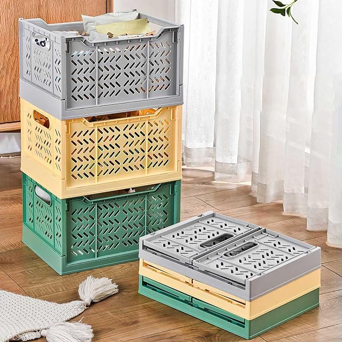 2 Pack Stackable Storage Crates, Plastic Foldable Baskets Tall Yellow | Easy-carry handles, suitable for toys books groceries office supplies and household storage for home office shopping