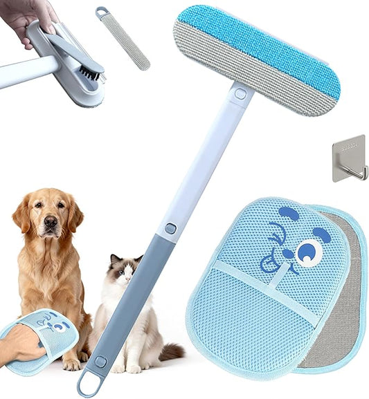 Magic pet Hair Remover Set for Dogs & Cats, Includes 4-in-1 Extended Handle Hair Brush, Hair Glove & Free Metal Storage Hook, Works Great on couches, Carpets, Furniture, car Seats and Hard Surfaces.