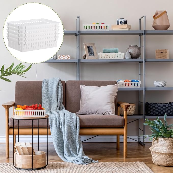 Wenqik Set of 12 Small Plastic Baskets for Organizing, White | See-through Airflow Design, Large Capacity, Gift of Practical, Rectangular, Plastic Organizer for Office, Closets Shelves