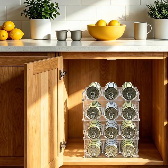 Cat Can Storage Organizer for Pantry, High Clear Acrylic Dog Canned Food Storage Rack 2 Tier Stackable Shelf for Pet Cans Dispenser with Can Cover Lid and Spoon (4 Tier Stackable Pet Can Organizer)