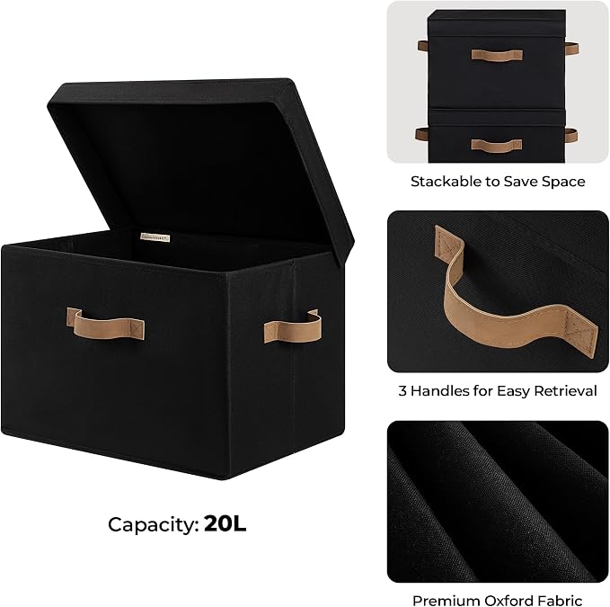 StorageWorks Fabric Storage Bins with Lids, Closet Storage Bins | Flip-Top Lid, 3 Handles, Collapsible, Stackable, for Clothes Blankets, Multi-Purpose, Large, Black, 2-Pack