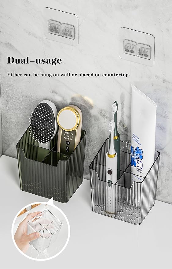 Lae Nuvole 2Pcs Storage Organizer Bins, Wall Mount Toothbrush Holder, Green | with Dividers & 4 Adhesive Pads, No Drill, Renter Friendly, BPA-Free PET; Fits Bathroom, Apartment, RVs, Cabinet/Pantry Door