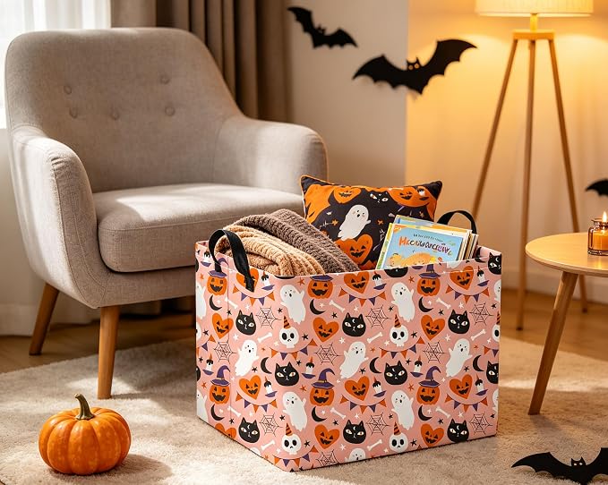 Rectangular Halloween Basket for Boys and Girls Kids Trick or Treat Pumpkin Basket for Halloween Parties Cute Storage Bin Organizer Box Room Decor(Pink Heart Halloween)
