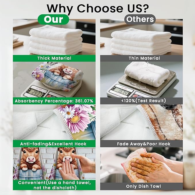 CUTHOLLOW Highland Cattle and Daisy Hanging Kitchen Towels with Loop, Set of 2-Soft & Super Absorbent Microfiber Decorative Hanging Dish & Hand Towel, Tea Coffee Towel for Kitchen Bathroom Oven Handle