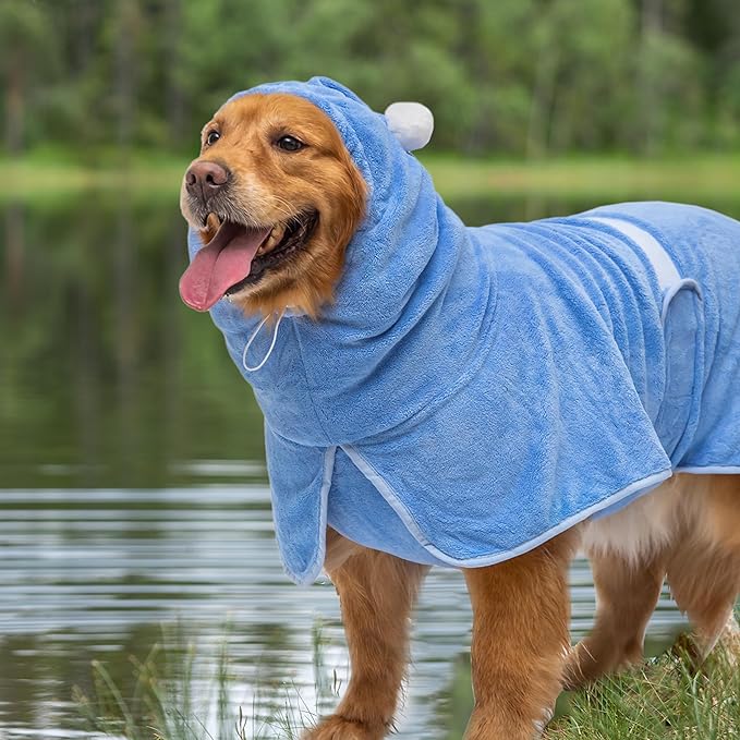 Dog Bath Towel Robe - Quick Drying Absorbent Hooded Pet Bathrobe Towel for Bath Grooming Beach Trip Pool - Soft Cozy Adjustable Drying Coat Hoodie for Medium Large Dogs