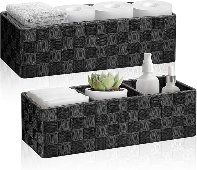 Woven Black Storage Baskets Shelf Tote Boxes for Organizing, Woven Baskets for Shelves Small Baskets Organizer Bins Pantry Storage Baskets (Black, 13Qt./2 PCS)