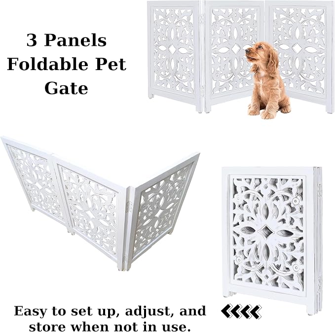 Lightnpro Wooden Pet Gate – Decorative Carved Foldable Dog Fence, Extra-Wide Freestanding Indoor Safety Gate for Small Dogs – 24x18 Inch Antique White