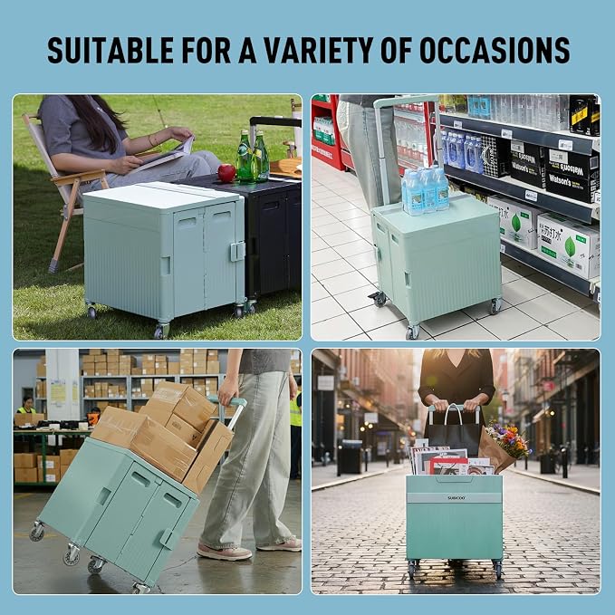Folding Utility Cart Portable Rolling Crate Handcart Shopping Trolley Collapsible Tool Box, with Lid, on Rotate Wheels, for Grocery, Shopping, Office, Teacher, Camp,File (Green)