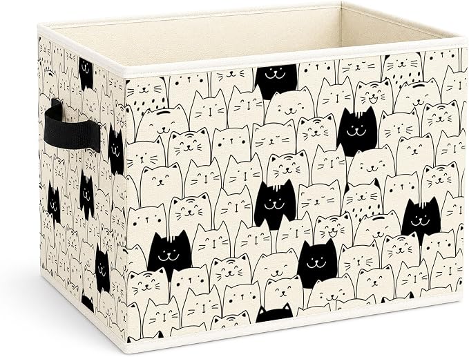 Doodle Cats Storage Bin, Foldable Fabric Organizer | Black and white doodle cat storage bin for toys, books, clothes, pet supplies, bedrooms, playrooms, shelves, and closets.
