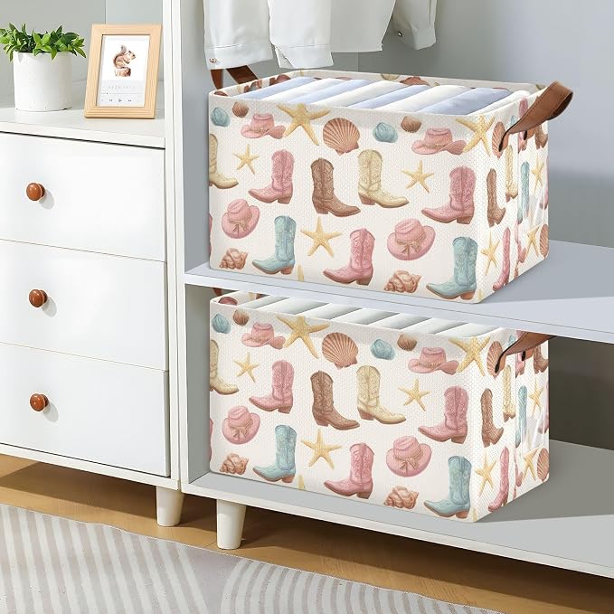 Retro Rodeo Boots and Starfishes Storage Basket Foldable Cube Storage Bins with Handles&Label Waterproof Organizer Box Bin Large Rectangle Decorative Baskets for Shelves Home Room Laundry