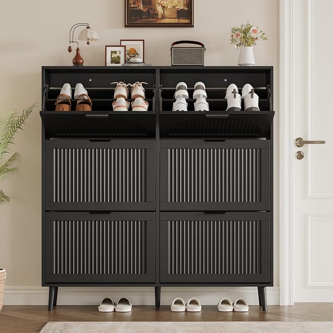 BORNOON Shoe Cabinet for Entryway with 6 Flip Drawers, Slim Wooden Shoe Storage Organizer with Modern Fluted Pannel，Freestanding Narrow Hidden Shoe Rack for Hallway, Foyer, Living Room