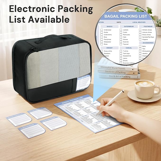 BAGAIL 9 Set Packing Cubes with Packing List Luggage Packing Organizers for Travel Accessories (Black)