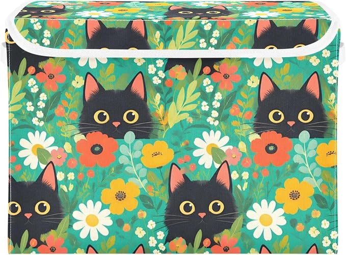Cute Cat Fabric Fabric Storage Bins with Lid Closet Bedroom Storage | Foldable & Stackable, Flip Top Dust Guard, Reinforced Handles, Home & Bedroom, Clothes & Toys, Oxford Print Basket