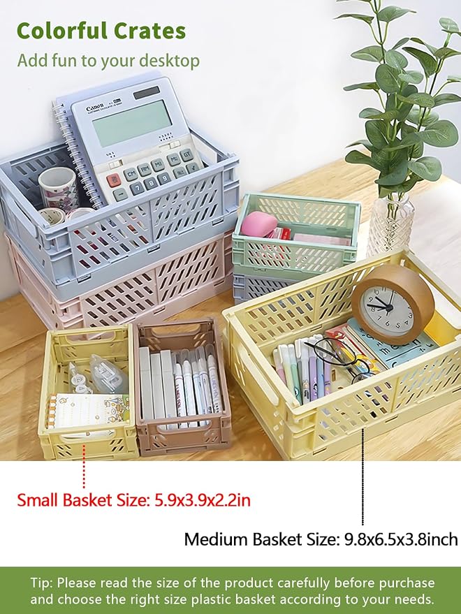 4 Pack Mini Foldable Plastic Small Baskets for Organizing and Storage, Collapsible Storage Crate for Home Bedroom Office Classroom Drawer Organizers (5.9x3.9x2.2in) Mini Size