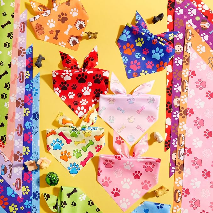 50 Pcs National Dog Day Dog Bandanas Bulk Pastel Paw Prints Pattern | Triangle Kerchief Bibs Scarf Set for Pets Birthday Party Costume Photo Props Accessories, 25 Styles, 19.7 x 13.8 x 13.8 Inch