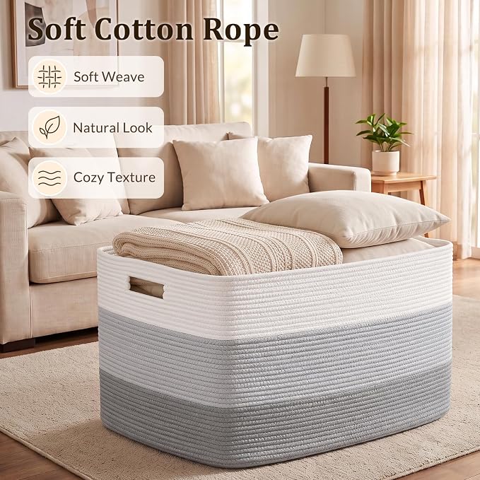 OIAHOMY 108L Super Large Blanket Basket, 25”x16”x16”(108L) Rectangle Woven Baskets for Storage, Cotton Rope Basket For Living Room, Toy Storage with Handle - Gradient Grey | Rectangle Woven Baskets for Storage Cotton Rope Basket For Living Room Toy Sto...