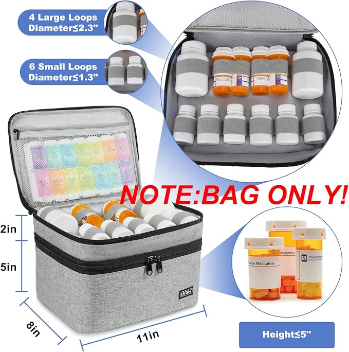 LEFOR·Z Medicine Storage Bag,Double Layers Pill Bottle Organizer Bag Empty | Medical Supplies Bag with Lockable Zipper & Adjustable Divider,Medication Travel Carrying Bag for Pills,Vitamins,Grey