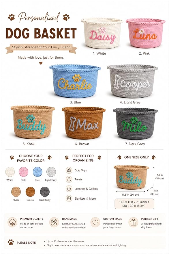JUPPE Pet Dog Basket with Personalized Name, Dog Toys Storage Organizer Custom Cotton Rope Basket Nursery Decor (Custom Cat Basket)