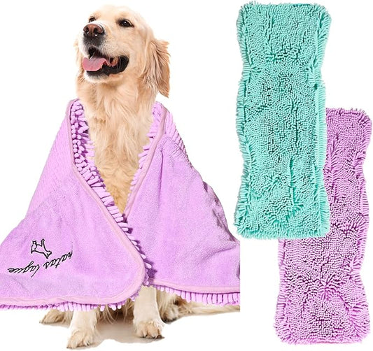 Patas Lague 2 Pack Absorbent Dog Towel for Drying Dogs Large, 35''x15'' Extra Large Microfiber Quick Drying Pet Bath Towel with Hand Pockets, Machine Washable Pet Shammy Lilac Aqua