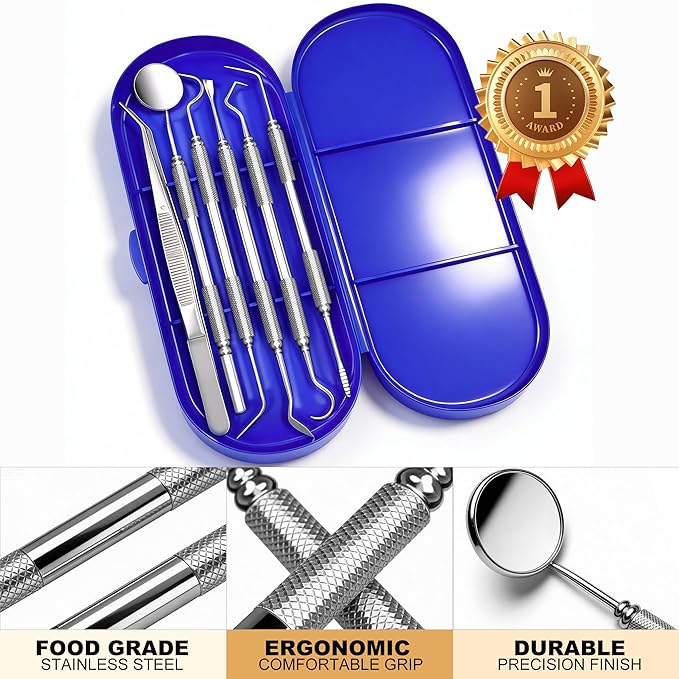 Dental Tools Plaque Remover Teeth Cleaning Tool﻿s Kit 6 Pcs Dental Care Kit Stainless Steel Dental Pick Tartar Remover Tool for Home/Travel/Pet Care-Storage Case Included