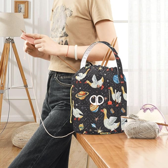 Fustylead Cute Geese in Space with Planets Stars Moon Knitting Yarn Storage Tote Basket, Durable Polyester Large Crochet Drawstring Bag for Crocheting Project, Sewing Supplies, Needles