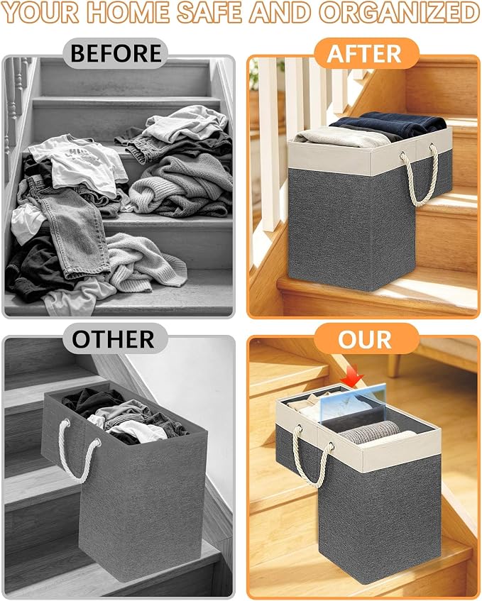 LHZ.K Stair Basket with Removable Divider & Sturdy Handles,1pcs Grey | 16" Rigid Foldable Stair Storage Basket for Carpeted & Wooden Stairs, Large Capacity for Laundry, Toy, Pet Supplies & Clutter
