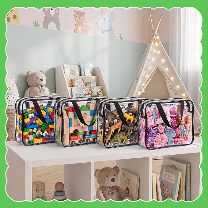 Toy Storage Bags 4 Pack, Clear PVC Toy Organizers, Black | Waterproof PVC, Large 30 x 10 x 22 CM Size, Label-Ready, For Toys, Books, Puzzles, Classroom and Travel