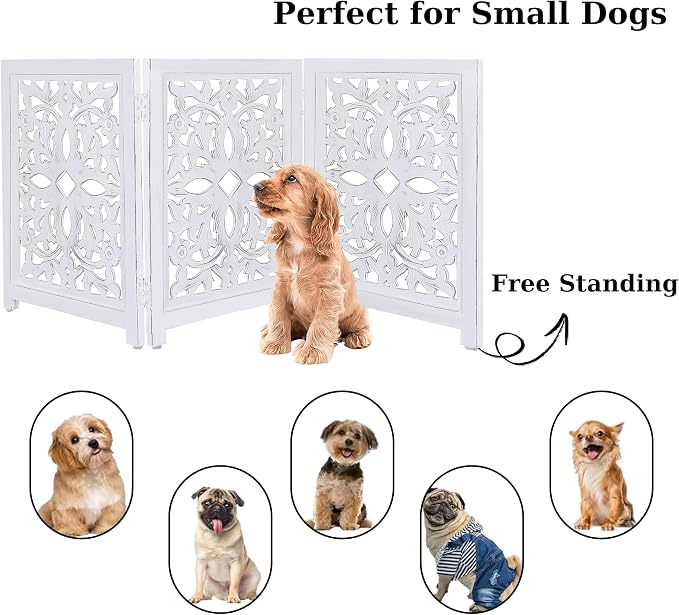 Lightnpro Wooden Pet Gate – Decorative Carved Foldable Dog Fence, Extra-Wide Freestanding Indoor Safety Gate for Small Dogs – 24x18 Inch Antique White