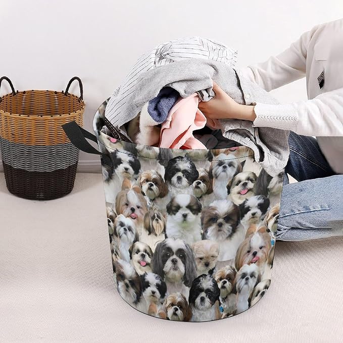 Cute Shih Tzu Print Laundry Basket Foldable With Handles, Funny Shih Tzu Dog Tote Bag, Oxford Cloth Shih Tzu Laundry Hamper Clothes Storage Bucket For Bathroom Laundry Bedroom