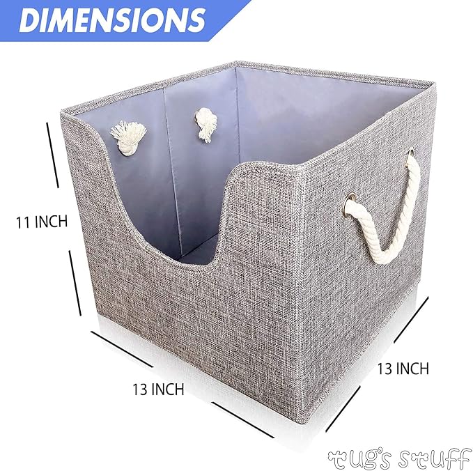 Tug's Stuff Premium Dog Toy Bin & Blanket Basket - Living Room & Nursery Storage, Easy to Clean, Collapsible, Perfect for Toy Organization - 13'x13'x11' - Grey