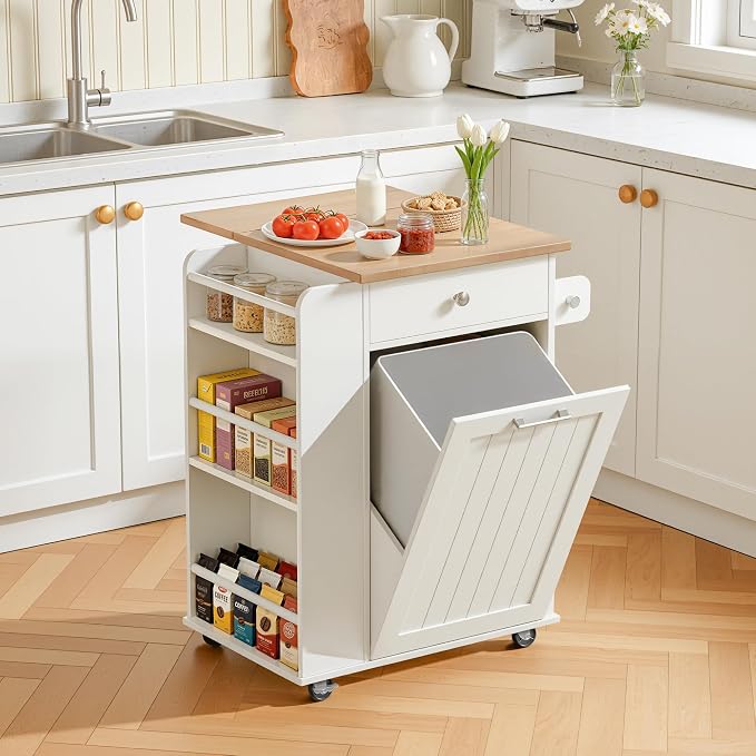 Kitchen Island with Trash Can Storage & Drop Leaf, Portable Kitchen Island on Wheels, Rolling Island Table for Kithchen