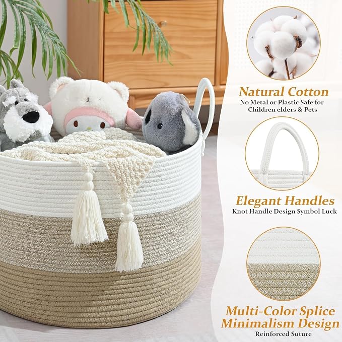 67L Large Woven Blanket Basket, Cotton Rope Baby Laundry Hamper with Handles, Kids Toy Basket for Classroom & Nursery, Soft Round Stuffed Animal Storage, Dog Toy Bin - 20"x13", Gradient Brown