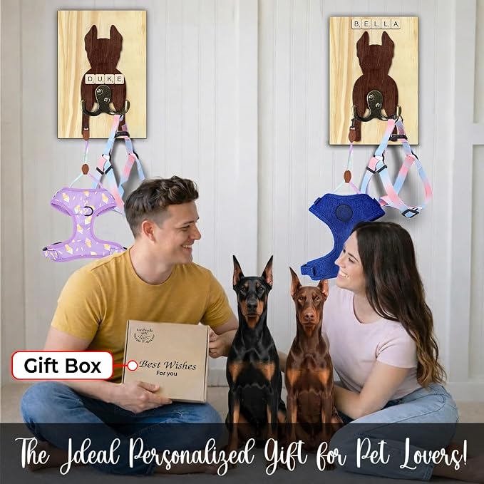 Doberman Dog Leash Holder Wall Mount with Scrabble Letters, Wooden Dog Wall Hook Organizer, Pet Collar and Harness Holder Entryway, Key Hook and Leash Rack, Gift for Pet Lovers, Home Decor PF297-33
