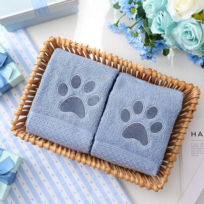 SmoothNovelty 2 Pcs Dog Paw Hand Towels Blue Bathroom Decor 13 x 29 Inch 100% Cotton Embroidered Hand Towels Soft Absorbent Farmhouse for Kitchen Restroom
