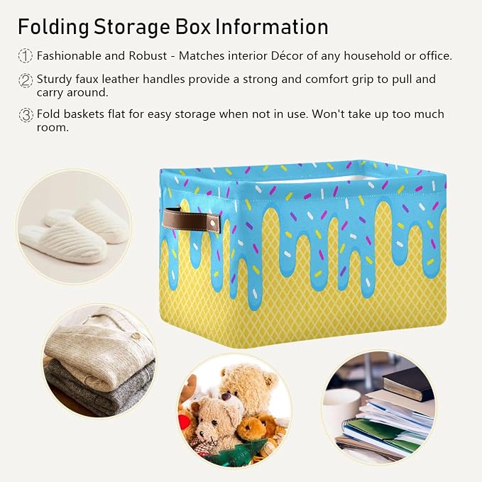 Wamika Ice Cream Drip Baseball Storage Basket with Waterproof Liner and PU Handles Blue Candy Storage Bins Boxes 14.2" Collapsible Decorative Organizer Baskets for Bedroom Closet Office 2 Pack