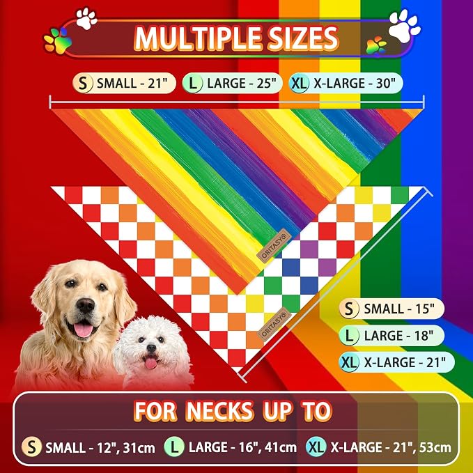 Pride Rainbow Dog Bandanas, 2-Pack Triangle Reversible LGBT Love Pet Scarves, Premium Fabric, LGBTQ Bandana for All Dogs (X-Large, Style 25-1)