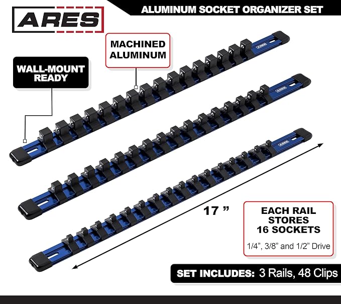 ARES 60041 3-Pc 1/4,3/8,1/2-In Blue Socket Rail | Part No. 60041; 1/4-Inch, 3/8-Inch, and 1/2-Inch Drive Socket Organizers Hold 48 Sockets