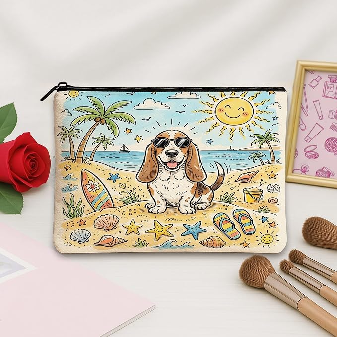 Cute Basset Hound Dog Makeup Bag, Coastal Beach Shells Cosmetic Travel Pouch for Women, Portable Small Canvas Zipper Organizer, Pet Toiletry Bag 7x9 Inch