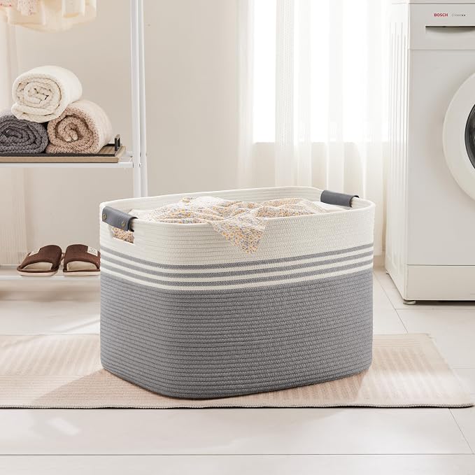 100L Large Woven Laundry Basket Hamper with Leather Handles,Grey | collapsible wicker hamper, storage for dirty clothes, toys, blankets, gifts, living room, bedroom, bathroom, 24"x16"x16"