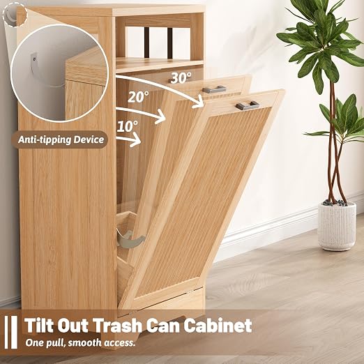 13 Gallon Tilt Out Trash Can Cabinet with Open Shelf & Storage - Pet Proof Hidden Recycling Cabinet & Wooden Laundry Hamper for Kitchen, Bathroom, Living Room,Natural Wood