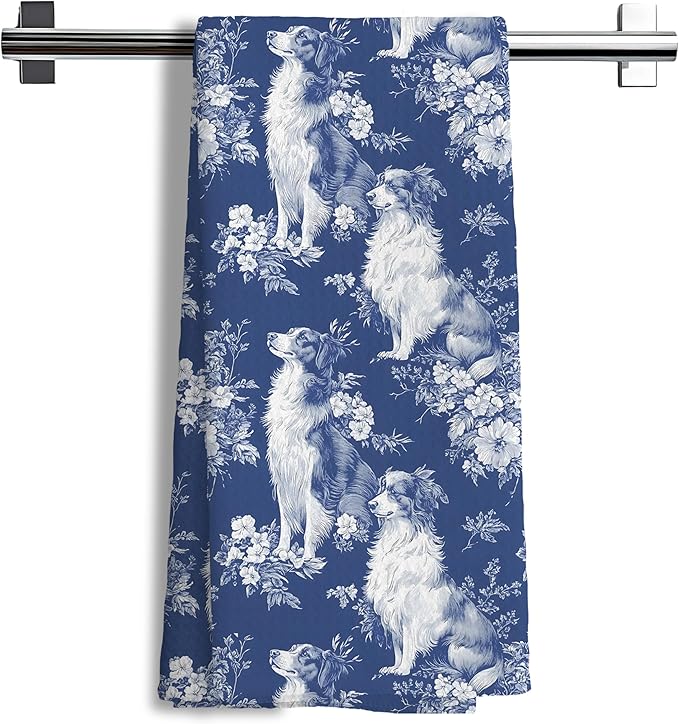 Chinoiserie Border Collie Kitchen Towels,Blue and White Floral Border Collie Decorative Dish Tea Towels,Grandmillennial Dog Hand Towels for Kitchen Bathroom, Border Collie Gifts,16x24 Inch