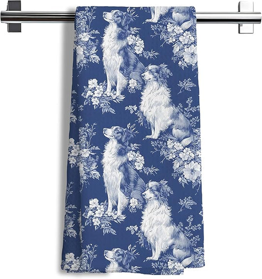 Chinoiserie Border Collie Kitchen Towels,Blue and White Floral Border Collie Decorative Dish Tea Towels,Grandmillennial Dog Hand Towels for Kitchen Bathroom, Border Collie Gifts,16x24 Inch