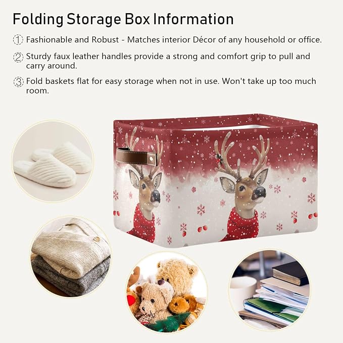 Wamika Christmas Reindeer Storage Basket with Waterproof Liner and PU Handles Winter Snowflake Red Storage Bins Boxes 14.2" Collapsible Decorative Organizer Baskets for Bedroom Closet Office 2 Pack