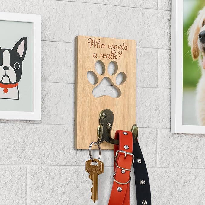 Personalized 2 Pack Dog Leash Holder for Wall Mount, Custom Name Paw Print Wooden Hook, Dog Collar and Harness Organizer, Key and Leash Holder for Entryway, Gift for Dog Lovers