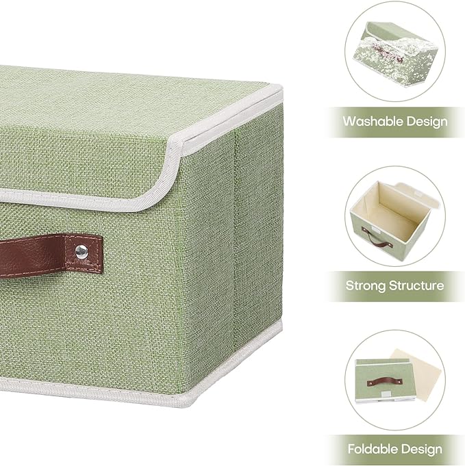 ANMINY Fabric Storage Box Bins with Lids, Green, 10"x8"x7", 2 Pack | Keepsake Memory Storage, Cotton Linen, PP Board Reinforced, Washable, PU Handles, Foldable & Stackable, Decorative, Small