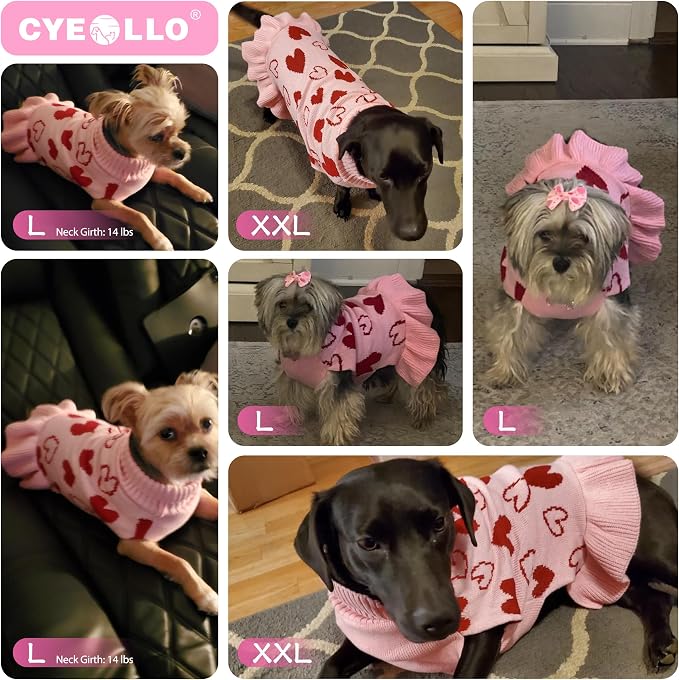 cyeollo Valentines Dog Sweater Dress, Turtleneck Pullover Heart Outfit